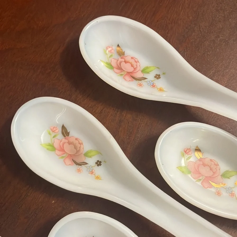 Set of 6 Floral Opaline Glass Soup Spoons Vintage Korean Opal